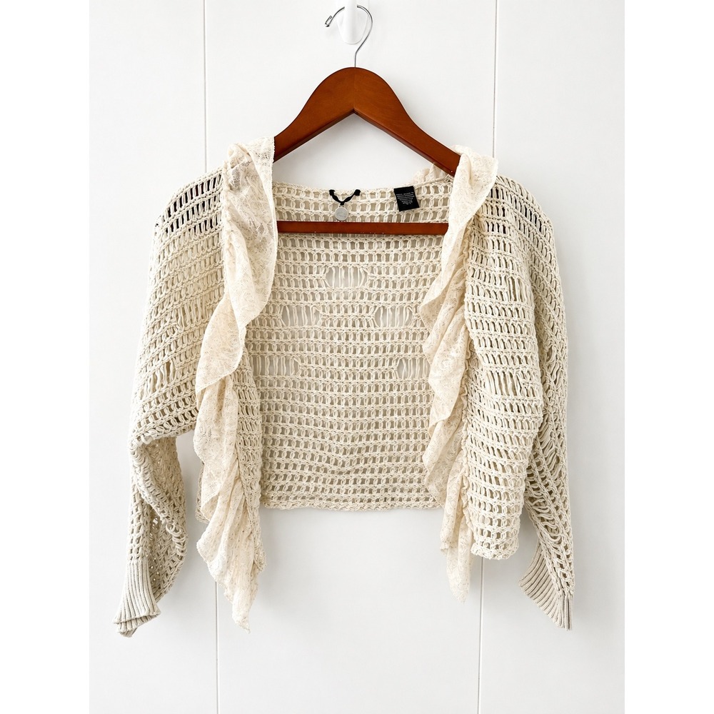 BKE Boutique Cream Crochet Open Knit Ruffle Cardigan Bolero Boho Women's